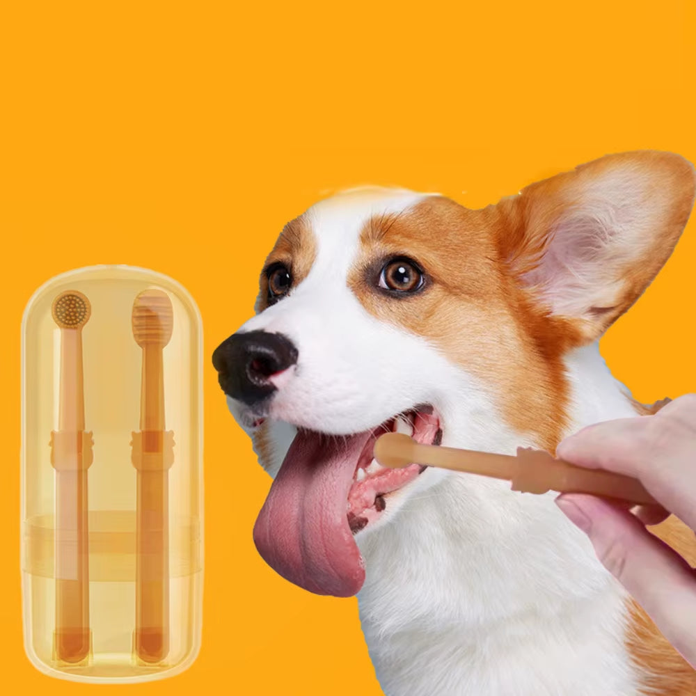 Pet Dog Toothbrush with Tongue Scraper Soft Silicone Dual Head Toothbrush for Dogs & Cats Oral Care Kit